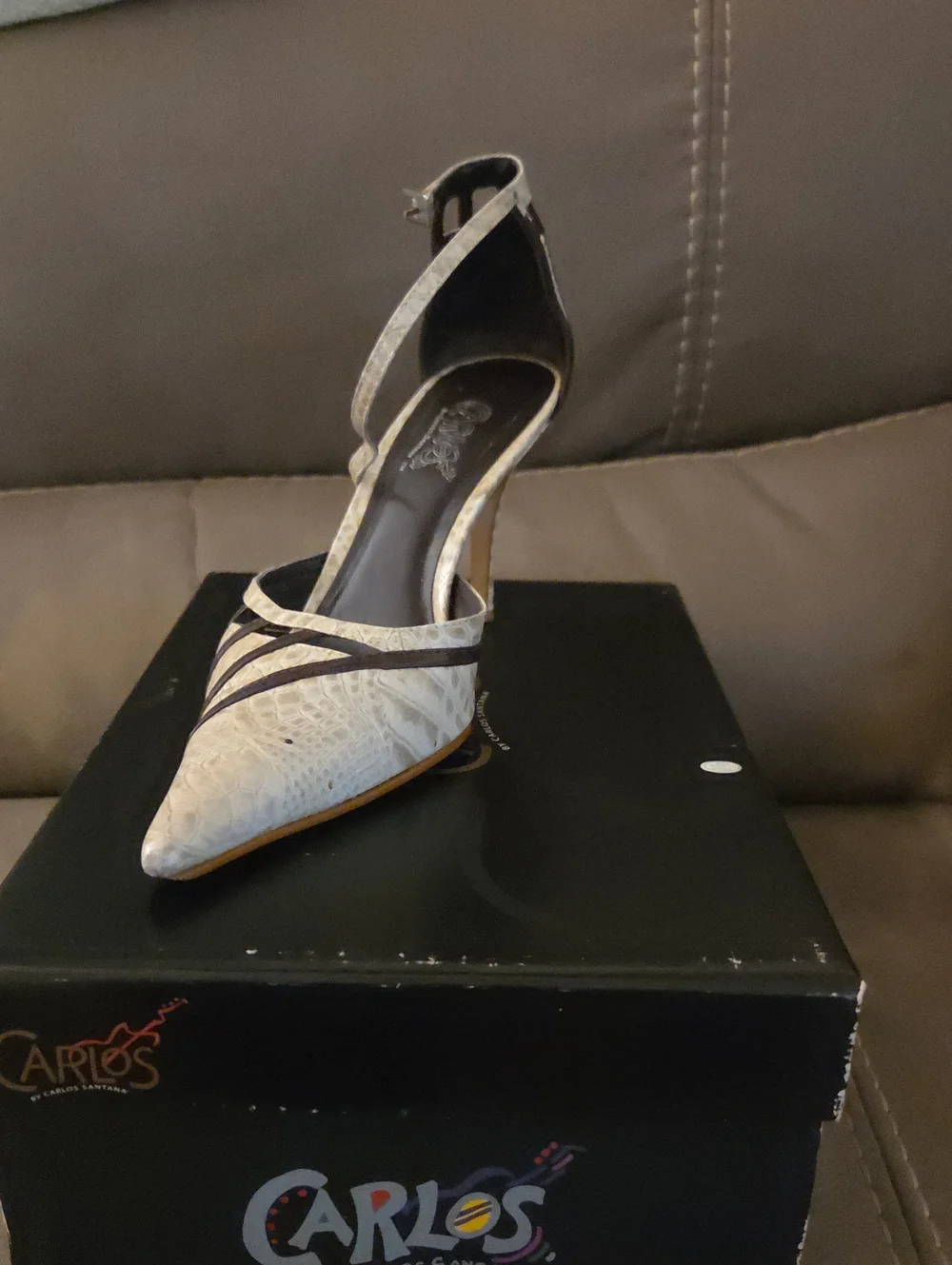 Carlos by Carlos Santana White Pointed Ankle-Strap Pump with Black Trim